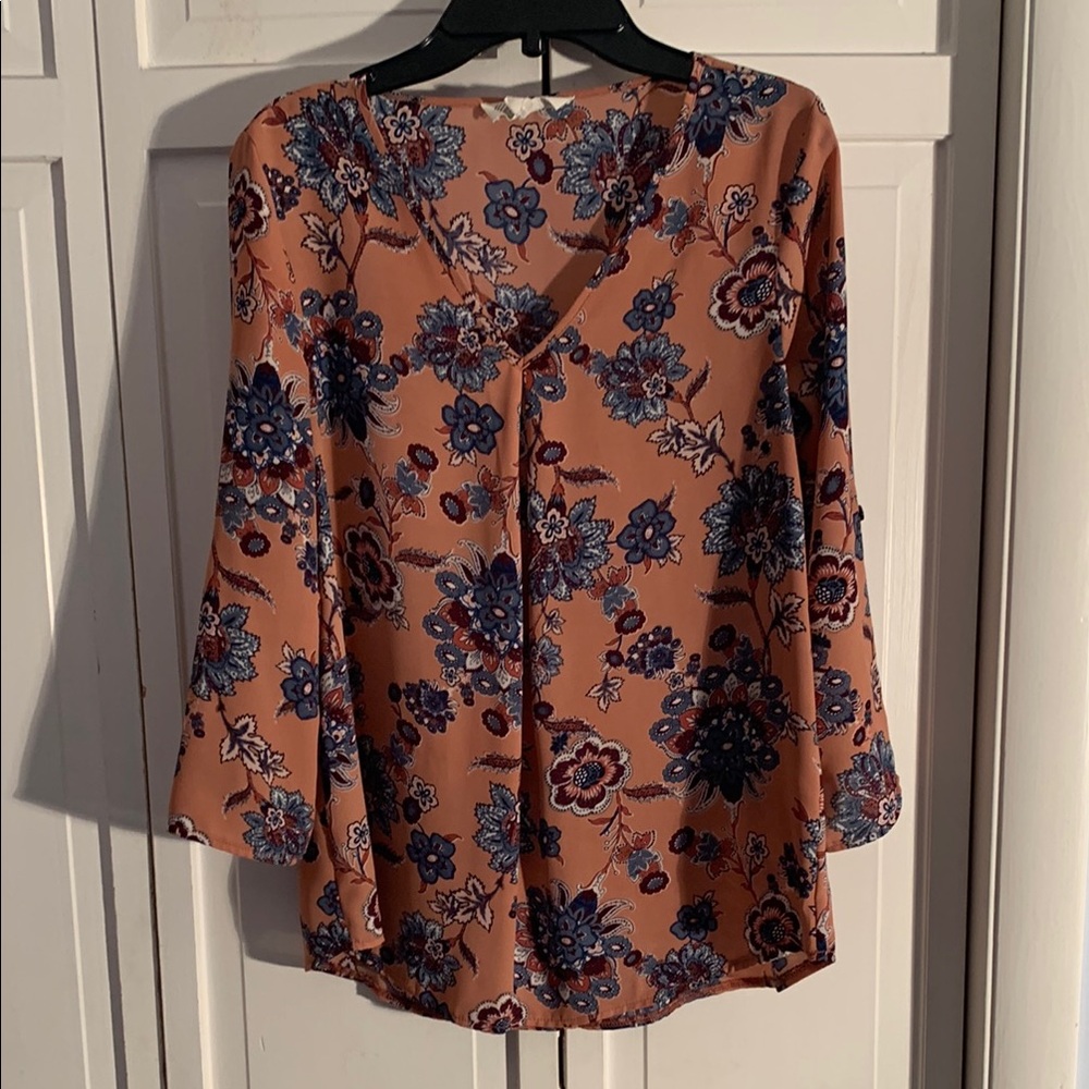 Pink Rose Blue & Orange Relaxed Blouse 3/4 Sleeves EUC